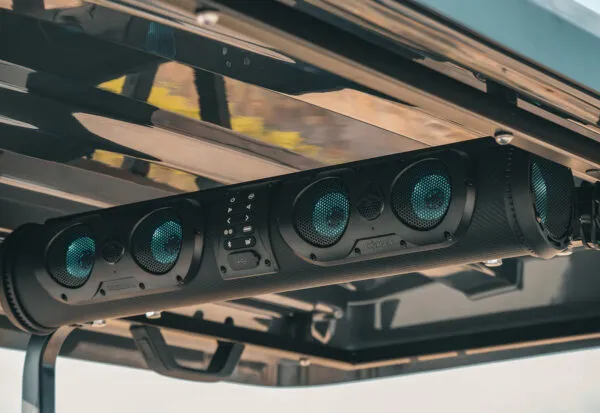 Marine-grade speaker and LED dome lights mounted on EPIC e40 golf cart canopy