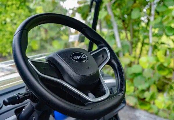 Steering wheel of EPIC e40FX electric golf cart with smooth control panel and ergonomic grip
