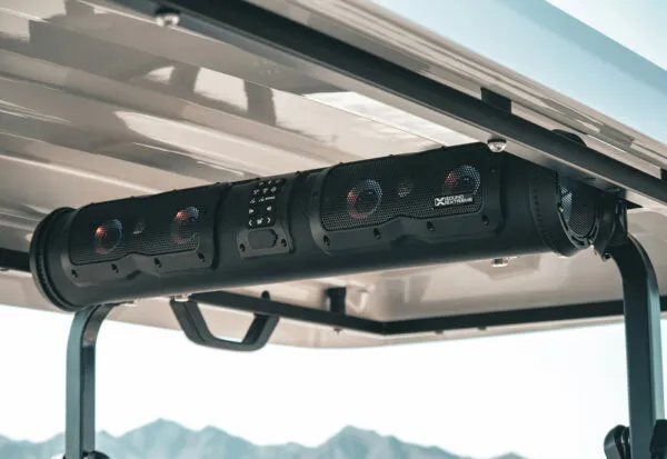 Marine-grade audio system and LED roof light bar installed on EPIC e40L electric golf cart