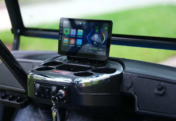 Touchscreen display on EPIC e60 showing navigation, audio controls, and battery level