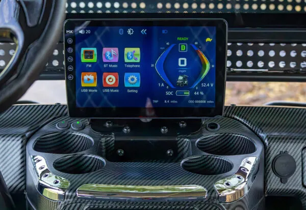 Touchscreen display with navigation and entertainment on EPIC e60L electric golf cart