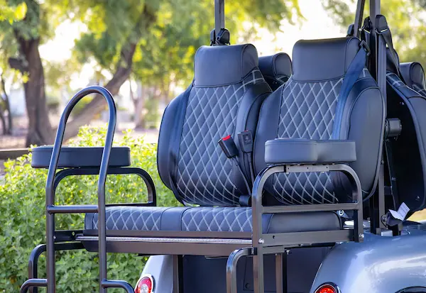 Rear bench seating and safety bars on EPIC e60L golf cart with spacious design