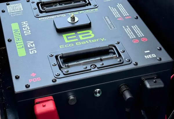 51V ECO lithium battery system inside ICON i40 golf cart with digital charge display