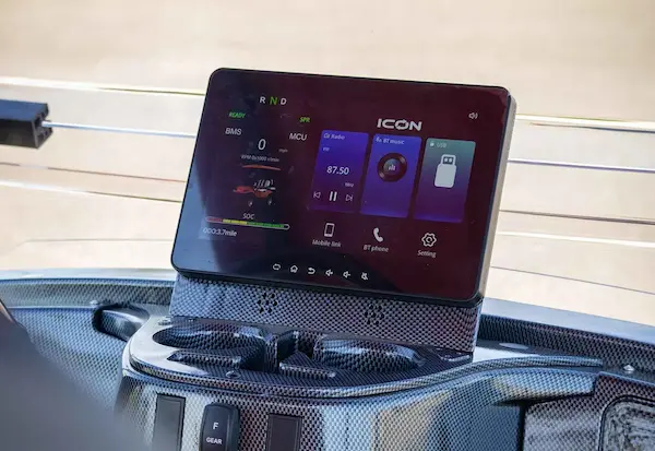 10-inch touchscreen display on ICON i40L golf cart showing controls and navigation system