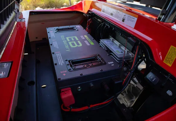 ICON i40L 51V ECO lithium battery under the seat with red frame and power connections visible