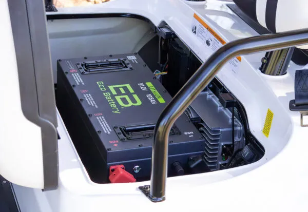 ICON i60L 51V ECO lithium battery pack with visible voltage readout under lifted seat